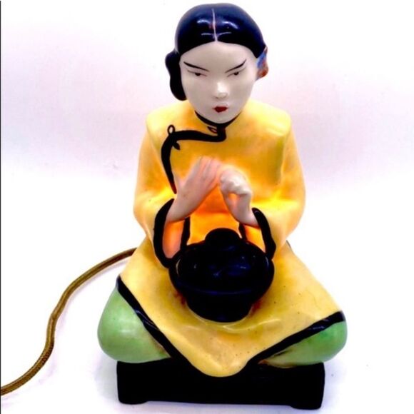 Art Deco Perfume Oil Lamp Asian Girl Holding Pot Electric Burner Vintage - Picture 1 of 16